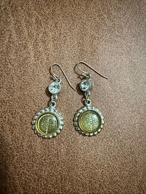Virgins Saints & Angels Two-Tone Coin Drop Earrings with Clear Stones